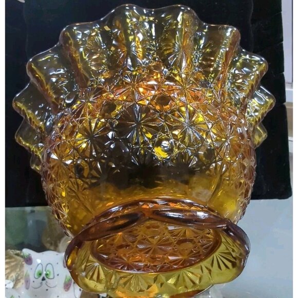 L.E.‎ SMITH Daisy & Button Pattern Amber Orange Ruffled Glass Bowl Candy Dish - Picture 3 of 7